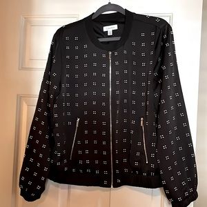 Black, metal studded Calvin Klein bomber jacket.  Excellent condition.